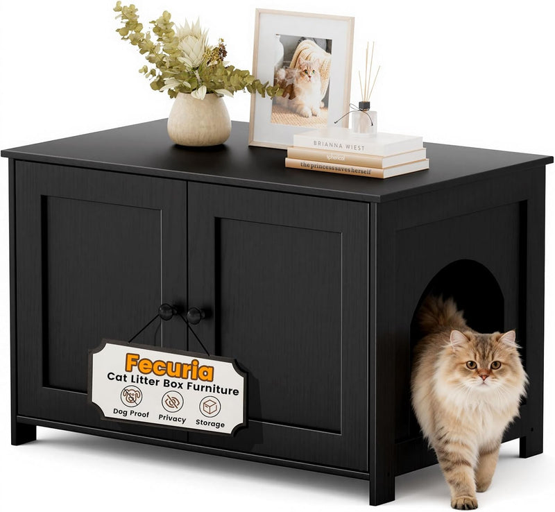 Cat Litter Box Enclosure Furniture Dog Proof, Hidden Kitty Washroom Cabinet Low Entry, Wooden Cat Boxes Enclosure Odor C