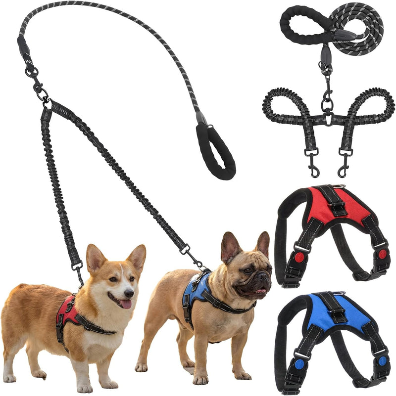 3 Pcs Double Dog Leash No Pull Dog Harness 360° Swivel No Tangle Vest Adjustable Dual Leash Reflective Vest Harness Walk