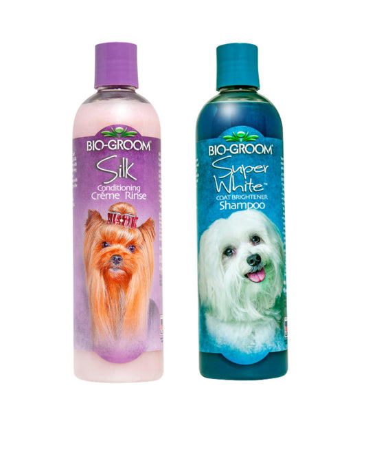 Bio-Groom Dog Shampoo and Conditioner Set - Whitening Shampoo for Dogs, Moisturizing Conditioner for Dry, Itchy, Sensitive Skin - Silk Creme Rinse & Brightening Shampoo, 12 Fl Oz Each (1 Set)