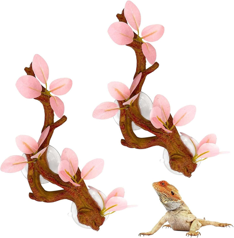 kathson 2 PCS Reptile Corner Branch, Lizard Climb Branches Decor Terrarium Plant Decoration with Suction Cup Reptile Tan