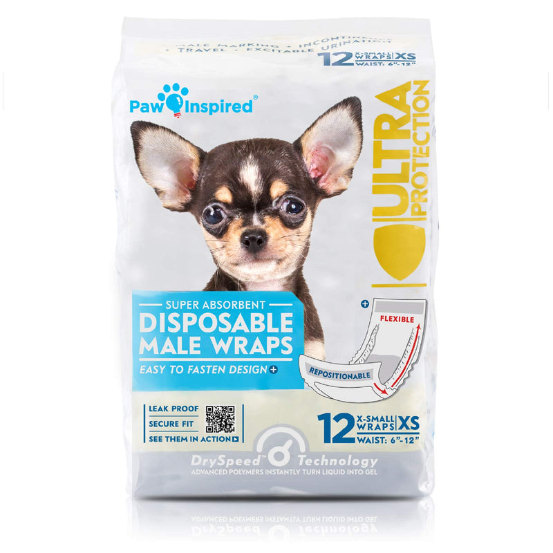 Paw Inspired Disposable Male Dog Wraps, Belly Band for Dogs | Disposable Dog Diapers | Belly Bands for Male Dogs (12 Count, X-Small)