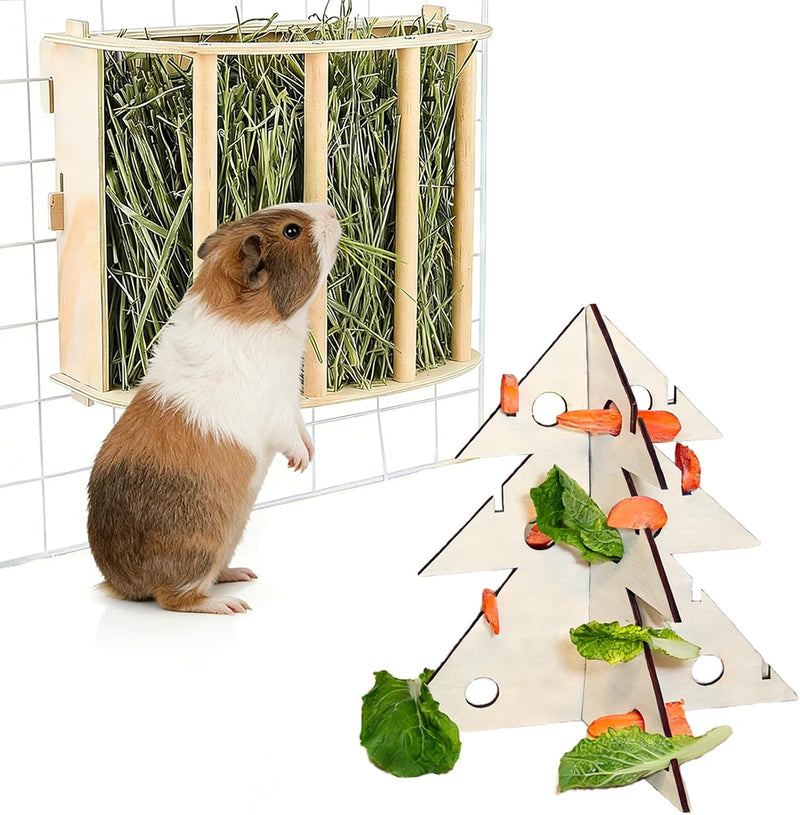 Guinea Pig Hay Feeder Wooden Rabbit Hay Rack Bunny Treat Holder Vegetable Dispenser Foraging Toy Cage Accessories for Ch