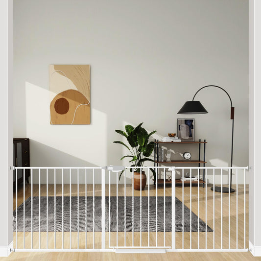 ALLAIBB Triple Lock Extra Wide Baby Gate Pressure Mounted Walk Through Safe Auto Close White Metal Dog Pet Puppy Cat for Stairs,Doorways,Kitchen 77.17-84.65"