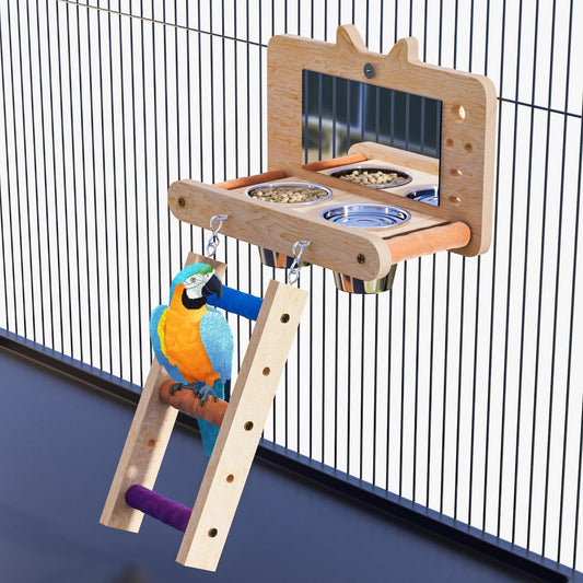 HOOSHEE Perch Platform Bird Toys with 304 Stainless Steel Food Cup, Bird Mirror Climbing Ladder Swing, Parakeet Cage Accessories - for Cockatiels, Budgies, Pacific Parrotlets, Finch, Canaries