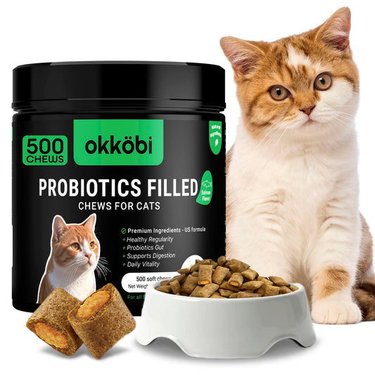 Probiotics for Cats Chews 500PCs - Digestive, Gut Health & Diarrhea Support - Probiotic Chews for Feline - Crunchy & Creamy with Cat Probiotics, Enzymes & Natural Ingredients - Salmon