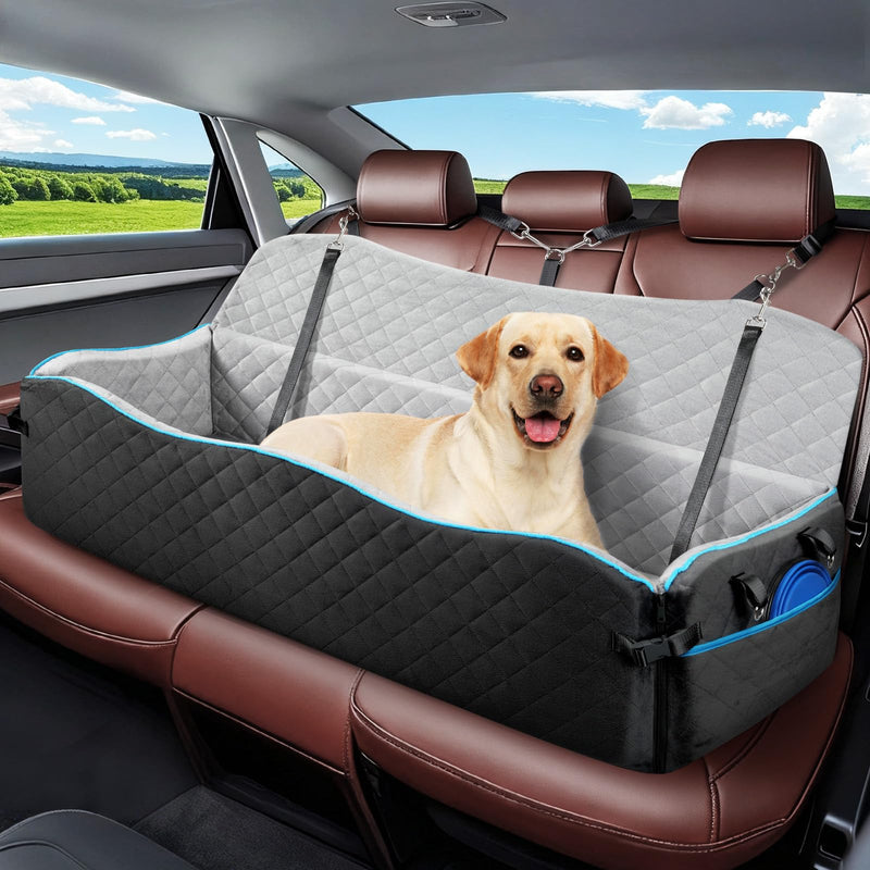 Tivray Large Dog Car Seat, Dog Car Bed for Large Dogs Under 120lbs, Pet Booster Seat with Thick Cushion and 2 Safety Leashes, Detachable & Washable Pet Bed for Backseat, Black & Gray