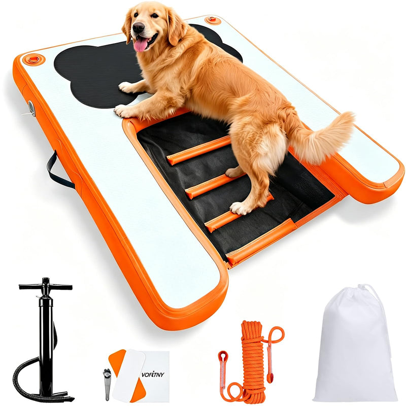 VOFiTNY Dog Pool Ramp 4.6ft x 3.3ft x 4in Inflatable Puppy Water Raft Plank Portable Pup Mat Floating Doggy Floats Ladder Boat Lake Play Bright Orange