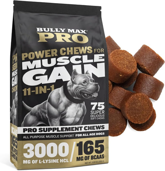 Bully Max 11-in-1 Dog Muscle Builder Power Chews - High Protein Muscle Gain Supplement with Amino Acids - Vet-Recommended for Puppy & Adult Canines, All Breeds & Ages - Made in USA - 75 Soft Chews
