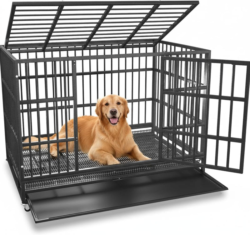 KOKOTANGS 48 Inch Heavy Duty Dog Crate Cage with Wheels, Indestructible and Escape Proof Steel Kennel Indoor for High Anxiety Dogs with Sturdy Locks, Double Door and Tray, Extra Large XL XXL, Black