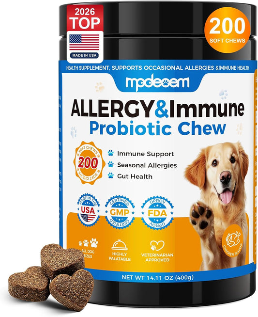 Dog Allergy Chews -(200 Ct)，Highly palatable，Helps relieve itchy skin and paw-licking behavior，Contains probiotics to su