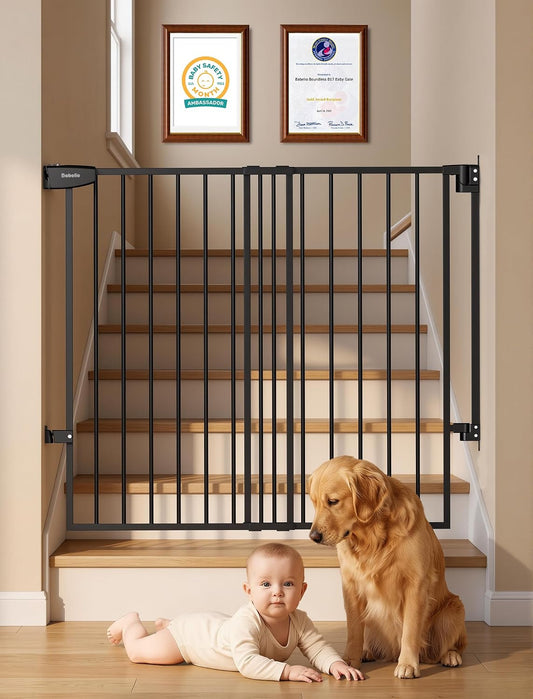 Babelio 29.7-46.5" No Bottom Bar Baby/Dog Gate for Stairs, House and Doorways, Auto Close Safety Pet Gates with Large Walk Thru Door, Hardware Mount, Black