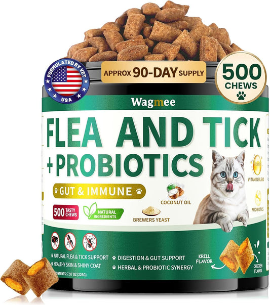 Flea and Tick Prevention for Cats Chews, 500 Crunchy & Creamy Flea Chews, Cat Flea Chewables with Probiotics - Skin & Coat Support - Fleas & Tick Supplement for Cats Kittens - Natural Chicken Flavor