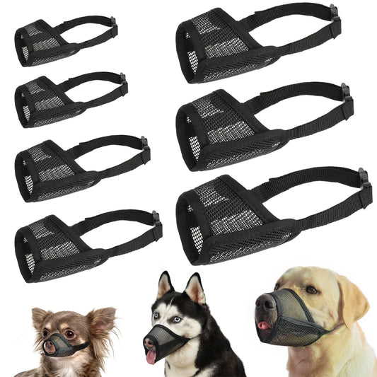 LUCKYPAW Dog Muzzle Suits for Small Medium Large Dogs, Mesh Muzzle Anti Biting Chewing, Breathable Mouth Cover Set with Adjustable Strap for Grooming Vet Visiting Training, 7 PCS(XXS-XXL), Black