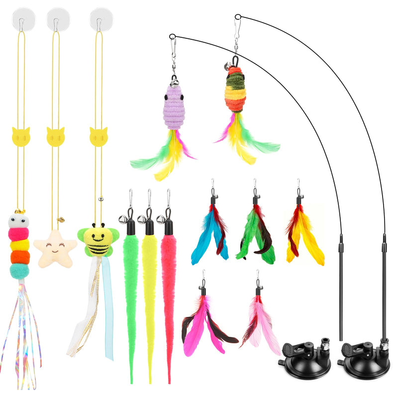 Atosun Interactive Cat Toys, 15PCS Cat Wand and Feather Toys for Indoor Cats, Reusable Suction Cup Toys for Kittens Play Exercise