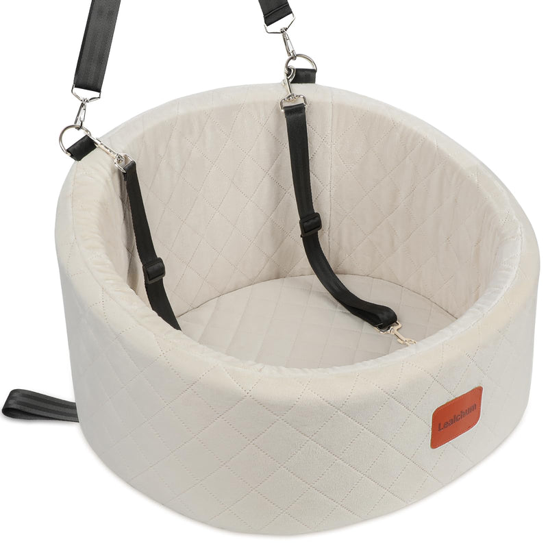 Lealchum Dog Car Seat for Small Dogs Up to 30 Lbs,Ultra Soft Fabric Fill in Comfy Memory Foam,Happy Pet Ride,2 Safety Dog Leashes,Fully Detachable and Washable,Anti Slip Base(Beige)