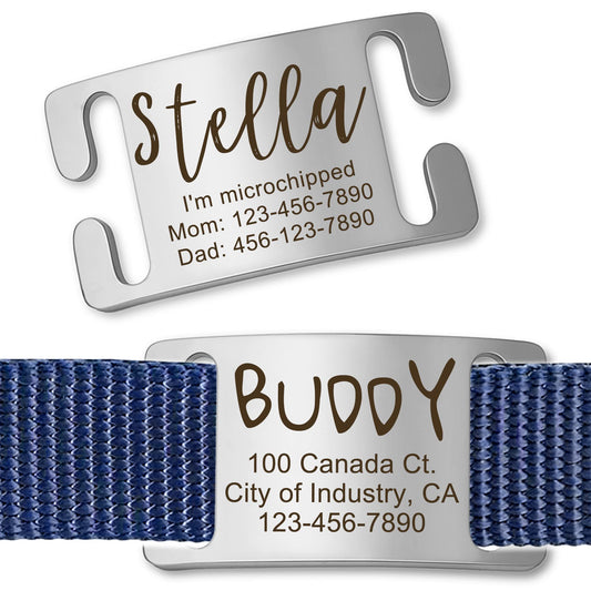 Anavia Slide On Silent Pet ID Tags, S/M/L/XL Personalized Gold Black Stainless Steel Customized Engraved Cat Dog Name Tags, Glossy Finish Chew-Proof Quiet Dog Collar Tag (X-Large, Silver)