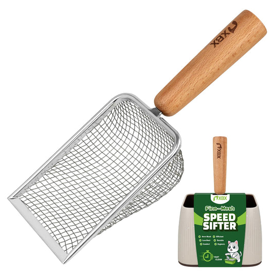 XBX Cat Litter Scoop with Holder – Metal Mesh Litter Scooper, Wooden Handle Fine Litter Scoop with Small Holes for Litter Box, Efficient Sifting and Easy Cleaning