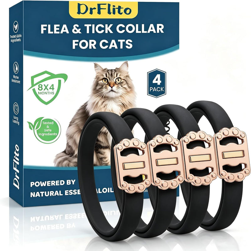 4 Pack Natural Flea Collar for Cats,32 Months Long Lasting Prevention,Black