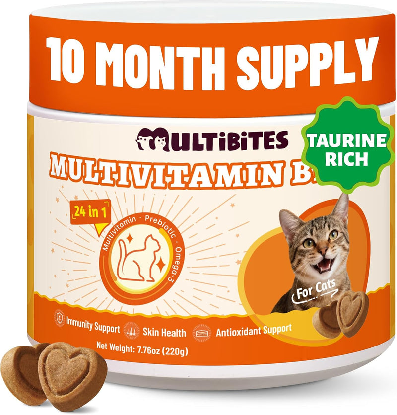 MULTIBITES 24-in-1 Vitamins Supplements and Taurine for Cats with CoQ10, Lysine, Glucosamine, Omega 3 - Cat Vitamins for Indoor Cats for Heart Health, Immunity Support, Shiny Skin&Coat- 330 Bites