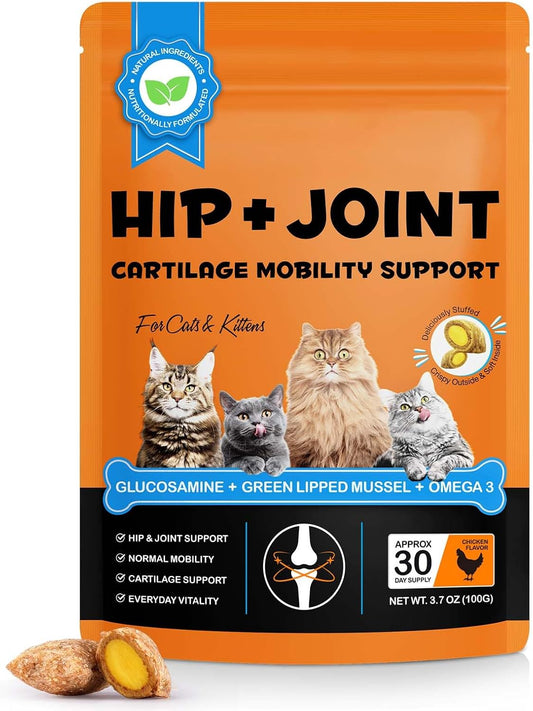 Cat Joint Supplement, Hip +Joint Supplement for Cats Crunchy & Creamy Chews with Glucosamine, Chondroitin & Omega-3s Supports Mobility, Flexibility & Comfort for Indoor & Outdoor Cats - Chicken