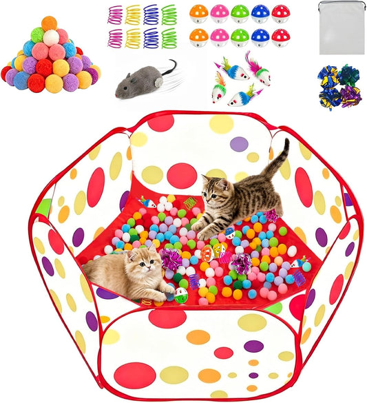 Cat Ball Pit with 227 Pcs Interactive Cat Toys, Enrichment Toys for Bored Indoor Cats Self Play, Include Pom Pom Balls J