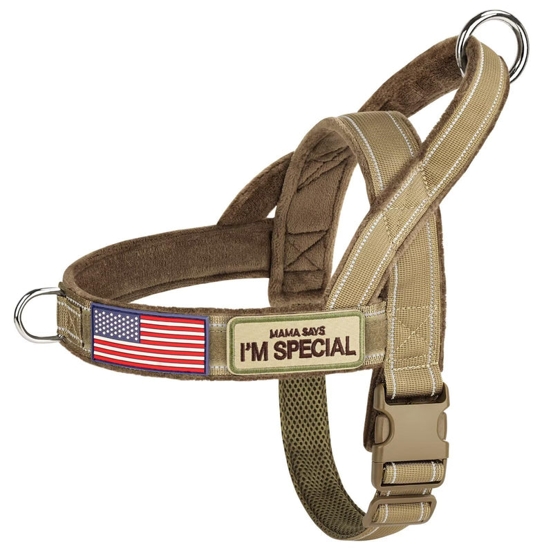 Forestpaw No Pull Dog Harness with Large Handle,Slip on Reflective Vest with Quick Release Buckle,Comfortable Flannel Lining for Medium Large Dogs Walking Training (Includes 3 Patches),Brown M