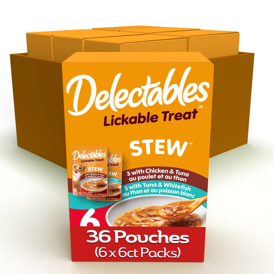 Delectables Lickable Treat Stew Wet Cat Treat Variety Pack, Food Topper, Hydrating, Grain-Free, No Fillers, No By-Products, No Added Preservatives, 1.4oz Pouch, 36 Count