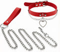 Long Chain Leash with Red PU Handle, Heart Leather Collar for Dogs Pet Cat