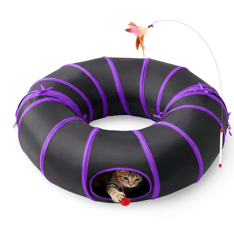 Love's cabin Round Cat Tunnel for Indoor Cats, Collapsible Pet Play Tunnel with Teaser Wand, Peek Holes & Hanging Ball, Interactive Kitty Tube for Kittens & Rabbits, Purple