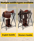 Queension Horse Saddle Rack for English Saddle, Foldable Saddle Stand with Bottom Storage for Horse Tack, Saddle Pad Rac