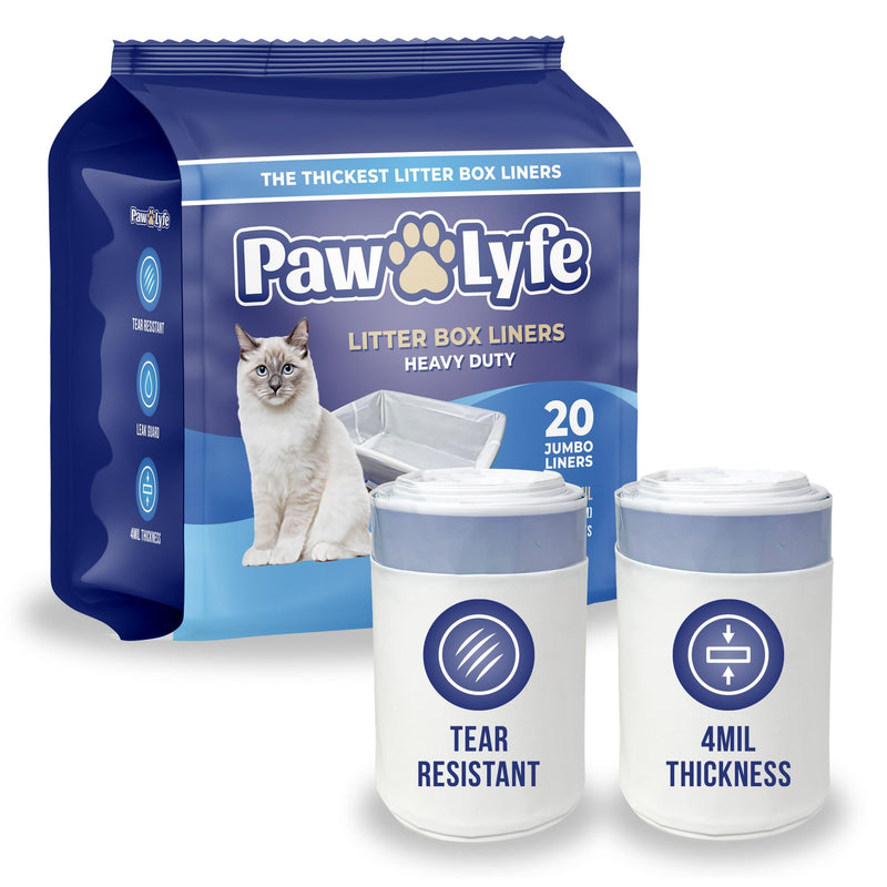 PawLyfe Jumbo Cat Litter Box Liners - 4MIL Extra Thick Heavy Duty Drawstring Kitty Litter Bags - Scratch and Tear-Resistant XL Cat Pan Liners for Easy Litterbox Cleanup - 36