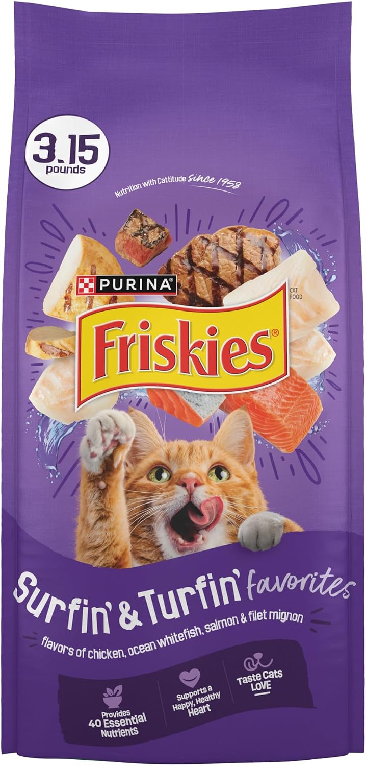 Friskies Purina Surfin and Turfin Favorites Dry Cat Food, (4) 3.15 lb Bag