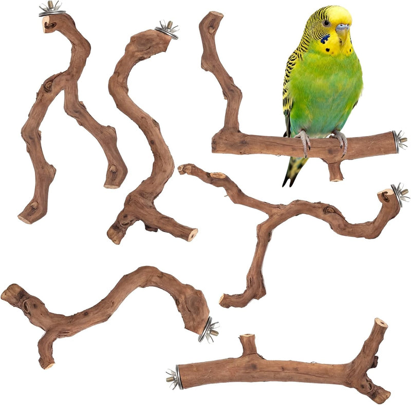6-Piece Premium Bird Perch Stand with Natural Grape Wood Branch, Paw Grinding Fork, Chewing Stick, Cage Accessories for 