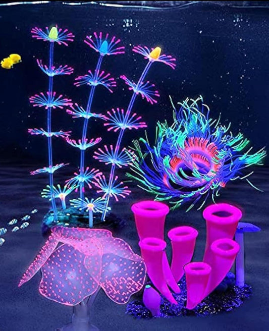 ZtohPyo 4 Pieces Aquarium Fish Tank Decorations with Glowing Effect, Silicone Glow Artificial Ornament Coral Reef Plants