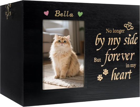 RINVEE Pet Urns for Cats or Dogs Ashes with Photo Frame, Wooden Memory Box for Keepsakes with Black Flannel as Lining, Cat Memorials Cremation Urns for Ashes(Black Medium)