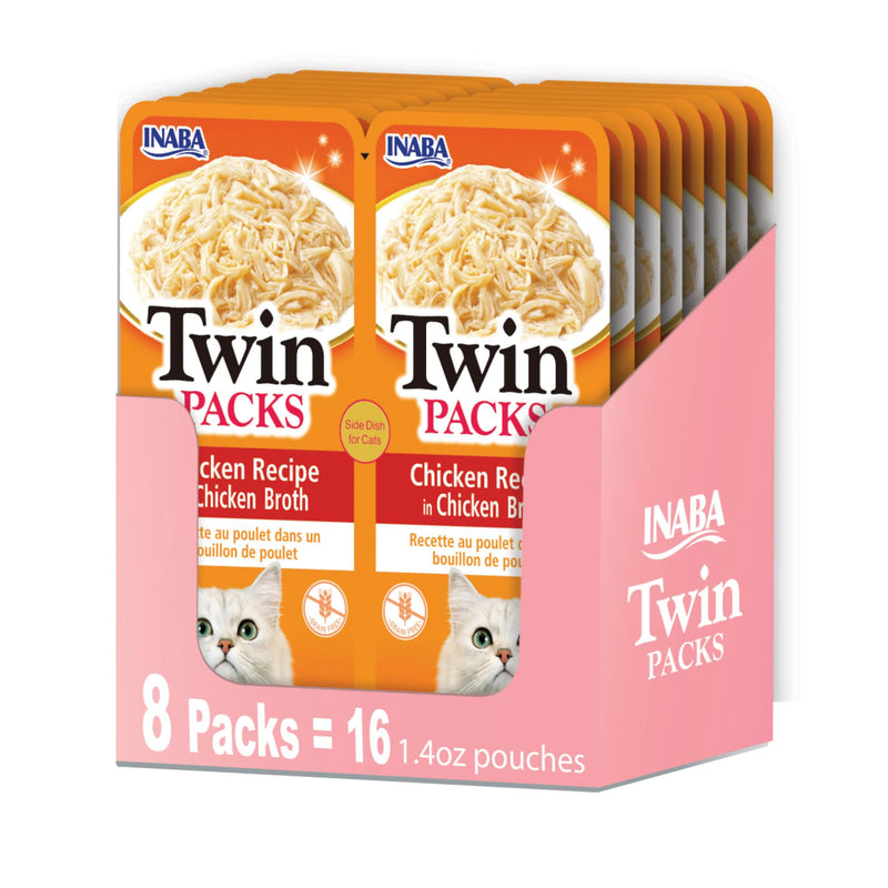 INABA Twin Packs for Cats, Side Dish/Topper Pouch, 1.4 Ounces per Serving, 16 Servings, Chicken Recipe in Chicken Broth
