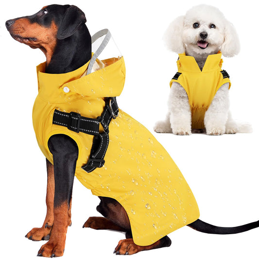 Lukovee Dog Raincoat - Waterproof Rain Jacket with Harness & Removable Hood, Reflective Double Layer Dog Rain Coat Poncho for Small Medium Large Dogs Puppy (M, Y)