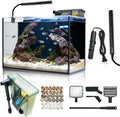 10 Gallon Aquarium Set Glass Fish Tank, Heater Self Cleaning System Filter with Media Bright Light Cleaning Tool, Leak-P