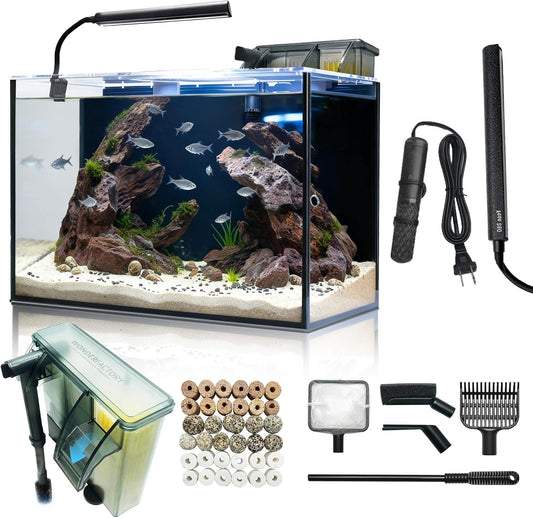 10 Gallon Aquarium Set Glass Fish Tank, Heater Self Cleaning System Filter with Media Bright Light Cleaning Tool, Leak-P