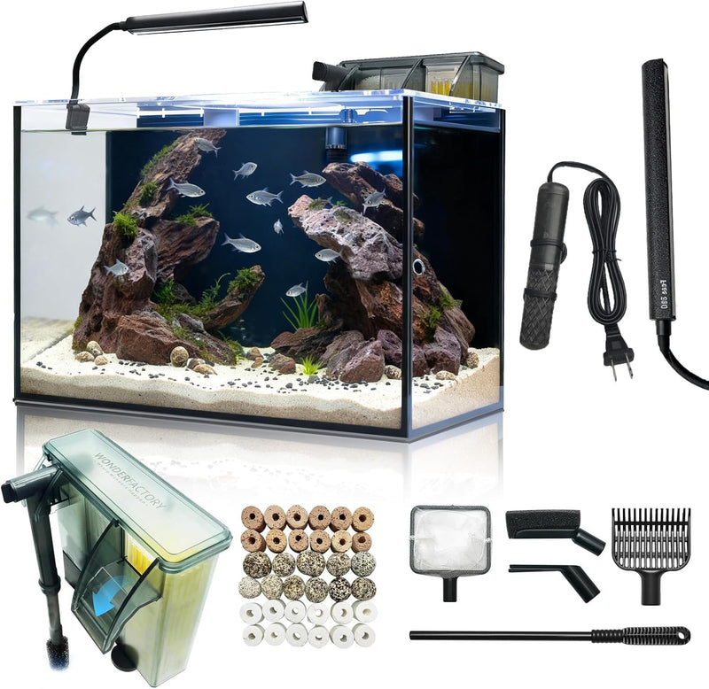10 Gallon Aquarium Set Glass Fish Tank, Heater Self Cleaning System Filter with Media Bright Light Cleaning Tool, Leak-P