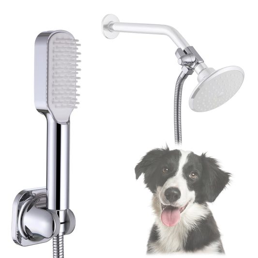 Dog Shower Attachment Kit with Handheld Sprayer – 8FT Flexible Stainless Steel Hose +Shower Arm Diverter – High Pressure Pet Bath Wand for Medium & Large Dogs, Long Thick Coat, Indoor All-Year Use