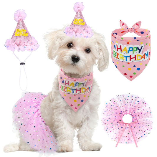 SCENEREAL Dog Birthday Bandana with Hat and Dress Girl Set, Puppy Birthday Party Supplies, Cute Pink Tutu Skirt Outfit for Small Medium Large Dogs