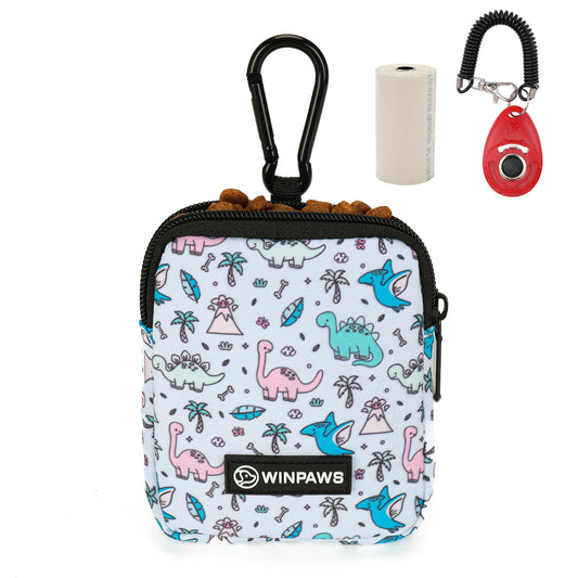 WINPAWS Dog Treat Pouch with Training Clicker,Waterproof Nylon Fabric Poop Bag Holders for Leashes,Hands Free Small Dog Walking Bag with Carabiner, Pet Puppy Training Walking Essentials (Dinosaur)