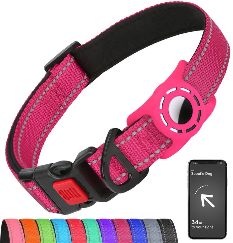 Erbine AirTag Dog Collar with AirTag Holder Compatible for Air Tag, Reflective Soft Padded, Safety Locking Buckle, Adjustable Nylon for Small Medium Large Dogs (Hotpink,S)