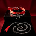 Long Chain Leash with Red PU Handle, Heart Leather Collar for Dogs Pet Cat