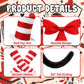 4 Pcs Cat Costume Accessory Red and White Striped Hat with Big Bow Tie, Gloves & Tail, Halloween World Book Day Cosplay 