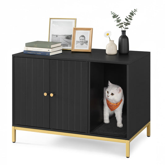 Feandrea Cat Litter Box Enclosure, Hidden Litter Box Furniture with Scratch Pad, Front Entry, Double Cabinet Doors, Modern Style, 31.5" Cat House Washroom Side End Table, Black and Gold