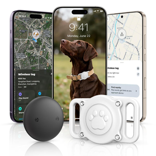 (1 Pack) GPS Dog Tracker Collar (iOS & Android), Bluetooth Dog Tracker GPS, Smart Pet Activity Tracker, No Monthly Fee, Work with Apple Find My & Google Find Hub, Finder Tag for Pets,Items White