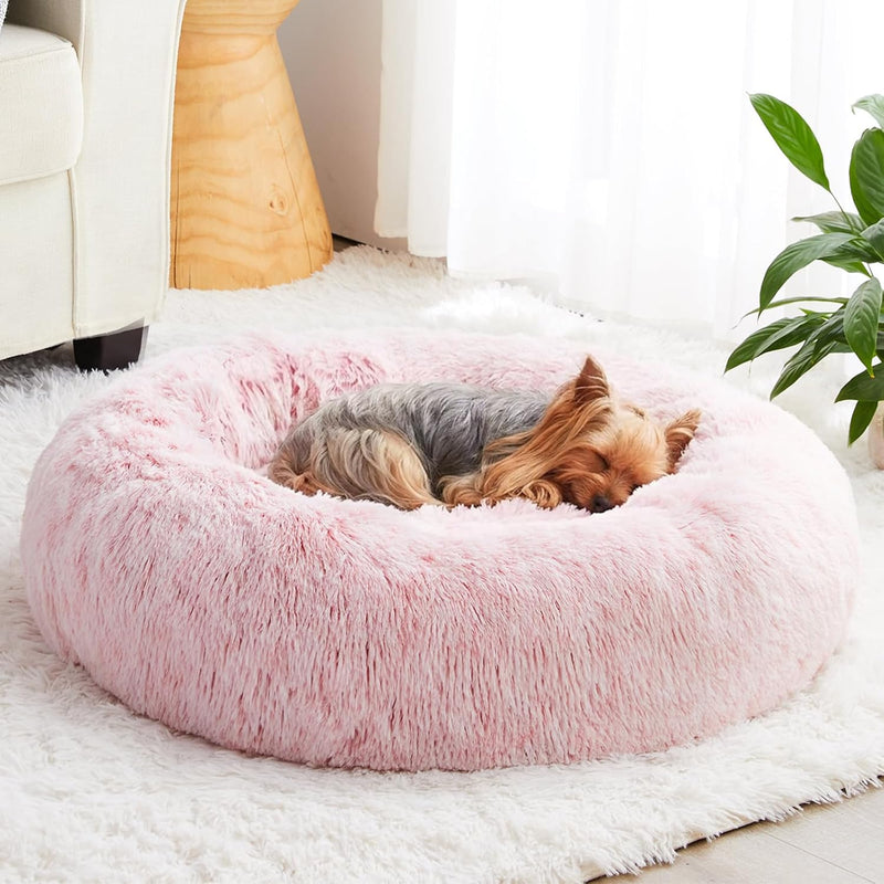 WNPETHOME Calming Dog Bed Cat Bed Donut, Faux Fur Pet Bed Self-Warming Donut Cuddler, Comfortable Round Plush Dog Beds (20 x 20 x 8 Inch, Light Pink)