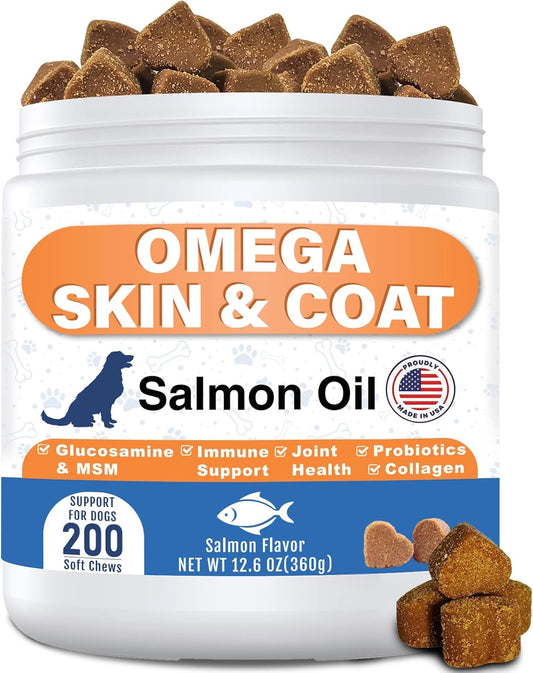 Omega 3 Fish Oil for Dogs - Dog Skin and Coat Chews with EPA DHA, Wild Salmon Oil, Glucosamine, MSM, Collagen- Pet Fish 